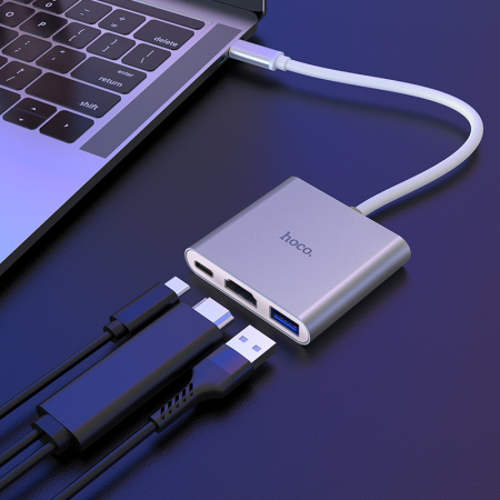 Переходник HOCO HB14 Easy, Type-C - 3xUSB3.0+ HDMI+PD, серебристый