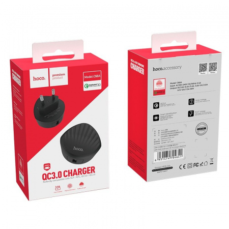 Сетевое зарядное устройство Hoco C68A QC3.0, 1 USB, 2.4А, Quick charge 3.0, черный