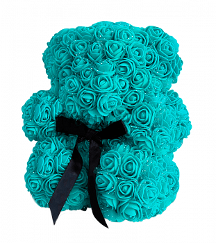 Мишка из роз 3D с бантом 25 см бирюзовый