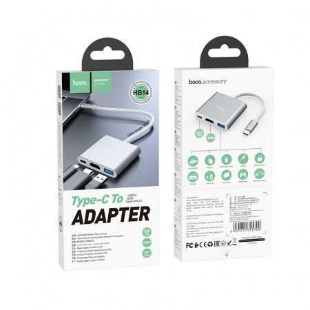Переходник HOCO HB14 Easy, Type-C - 3xUSB3.0+ HDMI+PD, серебристый