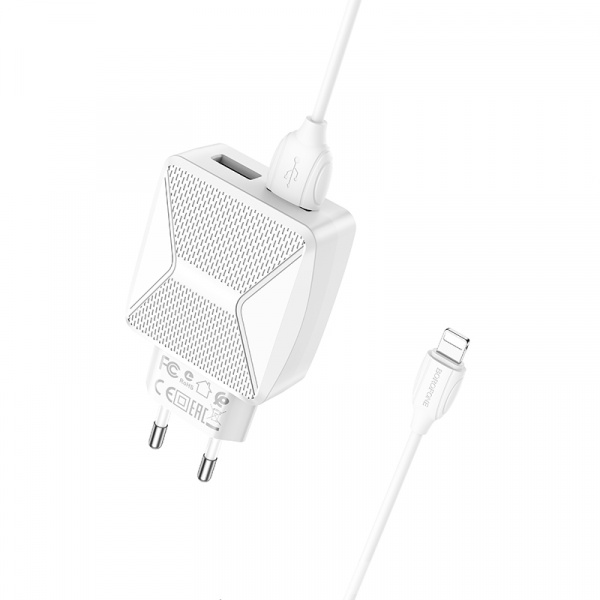 Зарядное устройство BOROFONE BA45A Max Lightning, 2.4A, белый, кабель BX19 Huiyi