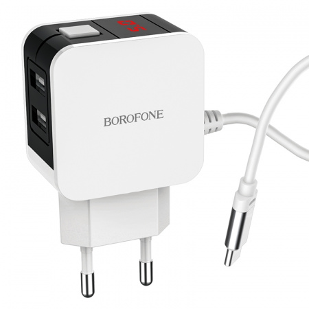 Зарядное устройство BOROFONE BA41A Power lake Type-C, 2.4A, белый, цифровой дисплей