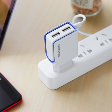 Зарядное устройство BOROFONE BA35A Brilliant 2*USB, 2.1A, белый, кабель Lightning