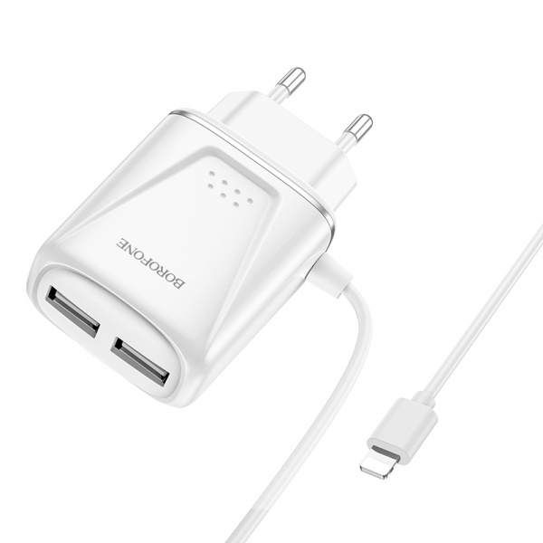 Зарядное устройство BOROFONE BA50A Beneficence Lightning, 2.1A, белый, два порта