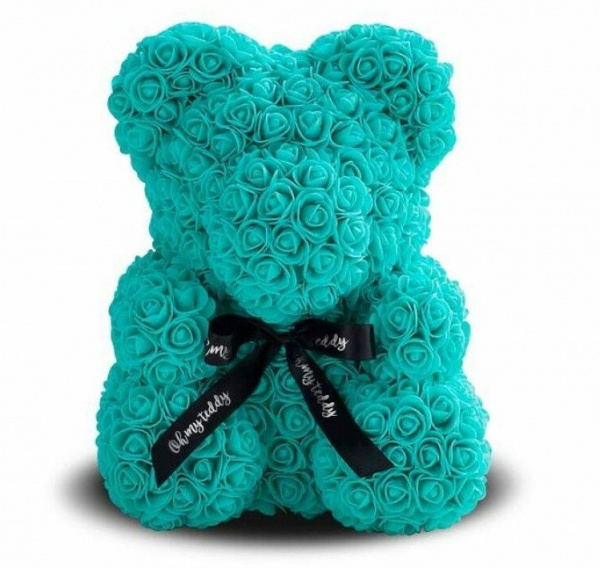 Мишка из роз 3D с бантом 40 см бирюзовый